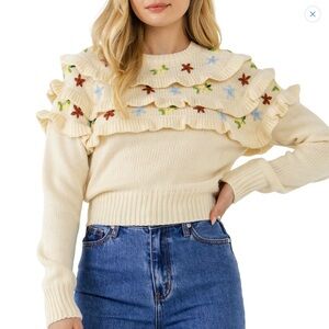 Free the Roses Floral Handmade Embroidery Ruffle Detail Sweater